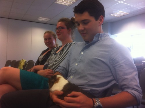 Elliot was accompanied by his guinea pigs, Charlie and Dave