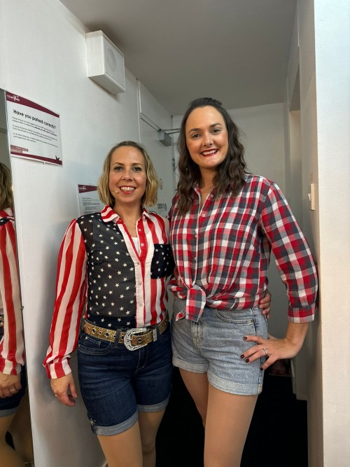 Staff members Kim Owen and Jenna Dunsford in their ensemble looks.